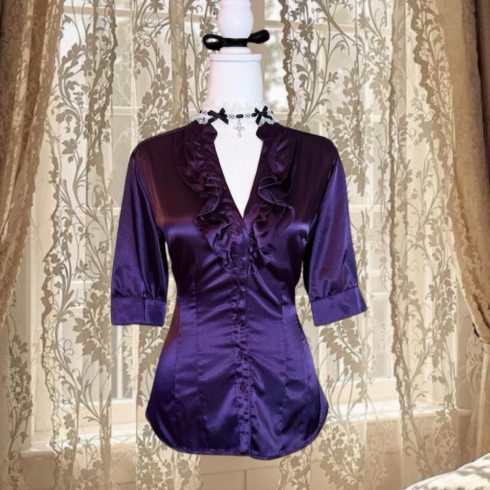 *SOLD* Vintage Y2K Whimsygoth Fairycore Purple Satin Ruffle Button Up Top